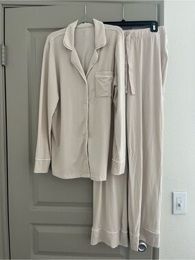 Women's Cream Button-Up Pajama Set with Contrast Piping